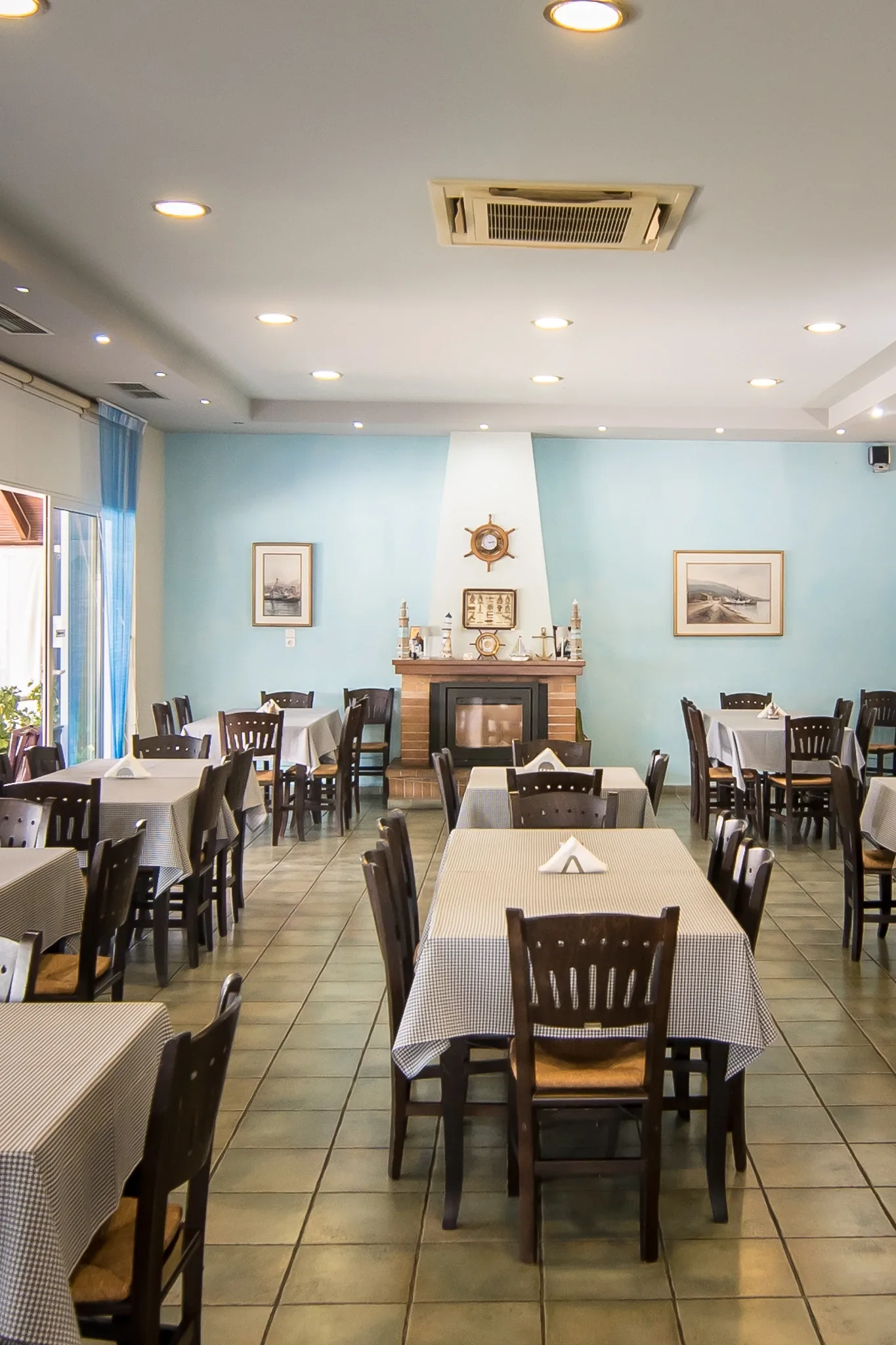 The fireplace in the dining room