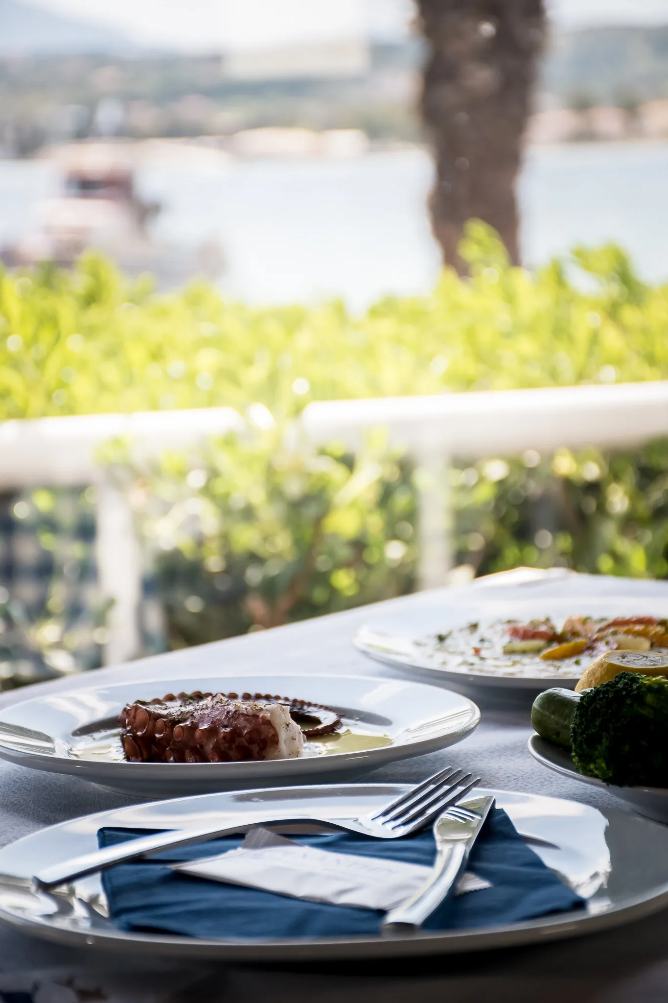 Plates of octopus, with the sea behind them